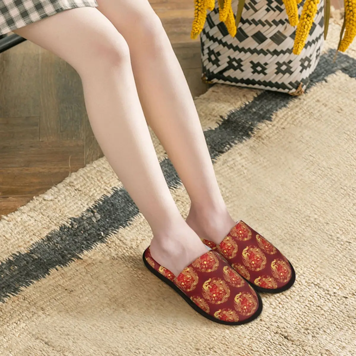 Custom Chinese Traditional Golden Dragon Slippers Memory Foam Warm Soft Women House Slipper Bedroom Comfy Shoes