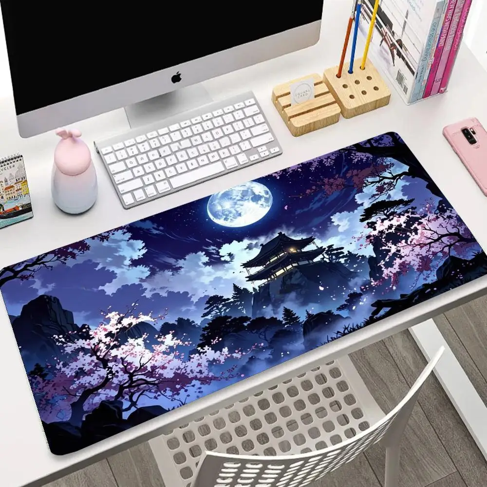 

Japanese cherry blossom moonlit night,Japanese-style ancient architectural scenery, mousepad, anti-slip rubber computer desk pad