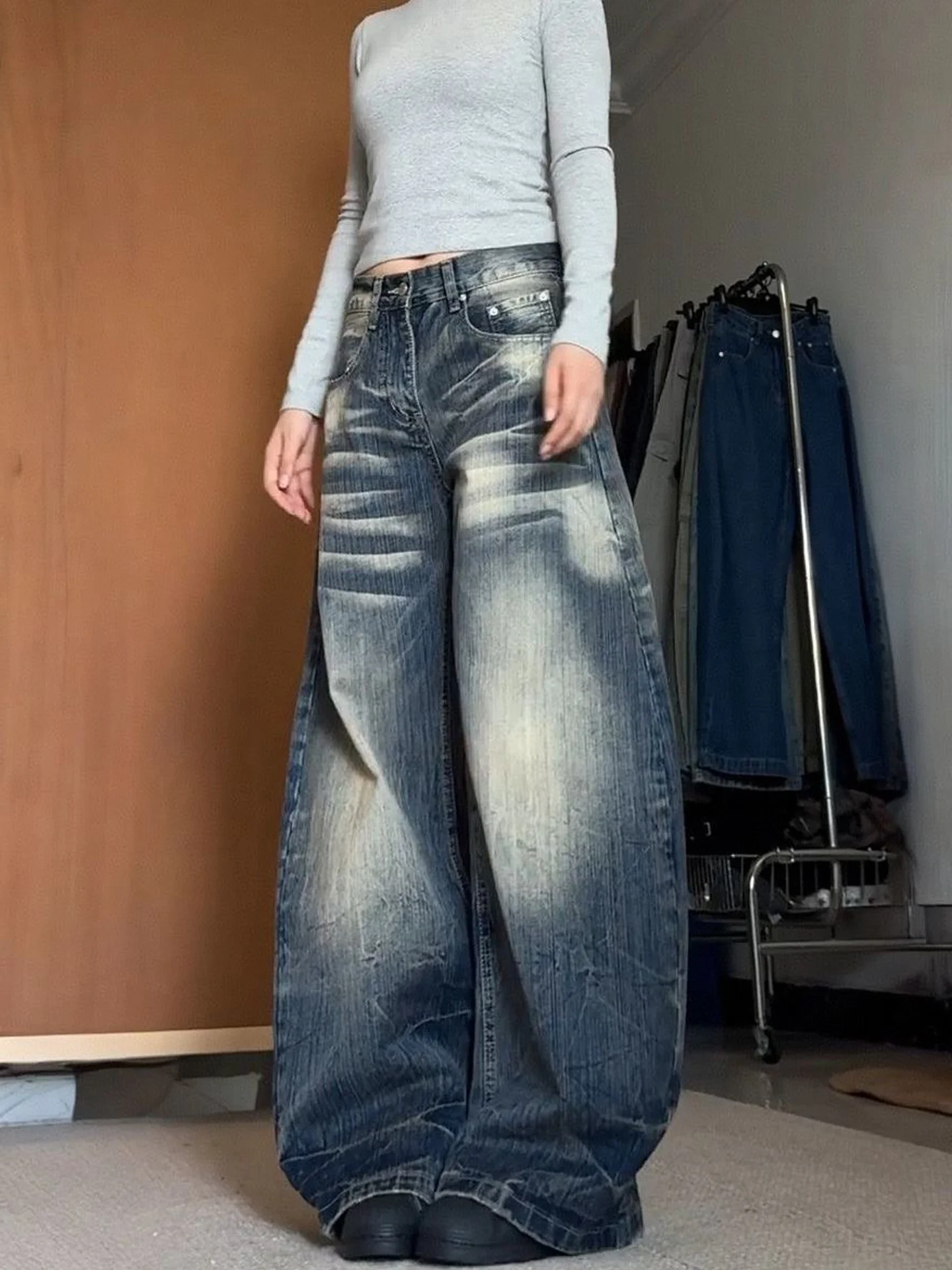 American Style Vintage Washed Faded Knife  Jeans Women's Street Loose Slimming Wide Leg Draping Long Pants