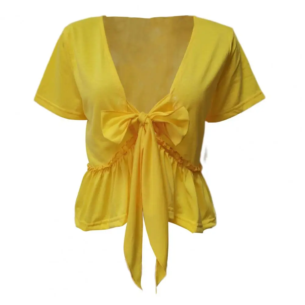 

2025 Свободные футболки, женские летние топы, стильные женские летние топы, дизайнерская футболка с v-образным вырезом и узлом, текстурированная блузка с круглым вырезом, однотонная для