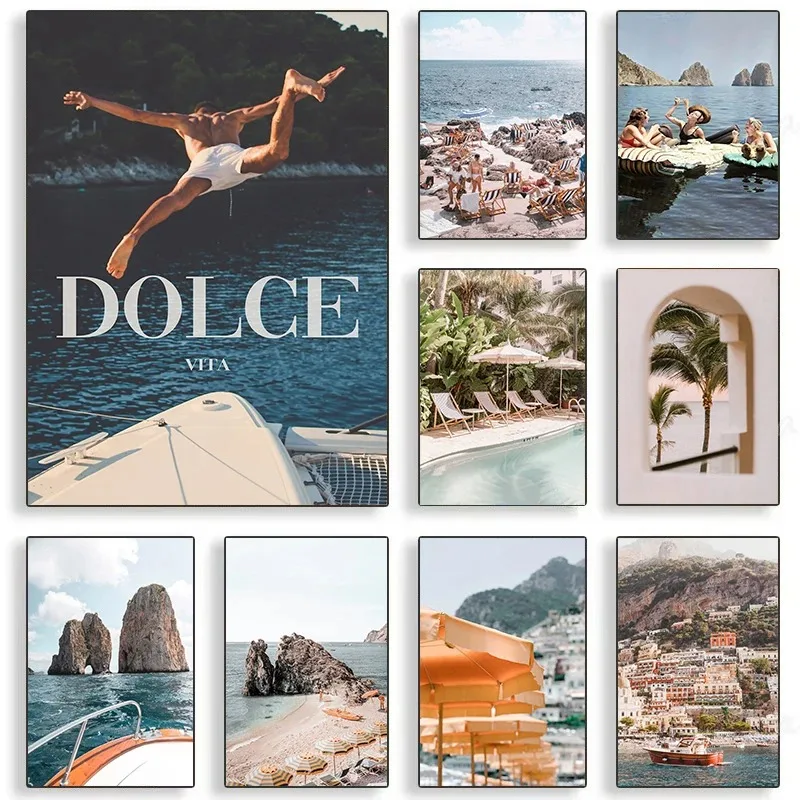 Retro Italian Coastal Landscape Living Pool Diving Europe Travel Poster Canvas Painting Wall Art Pictures Home Bedroom Decor