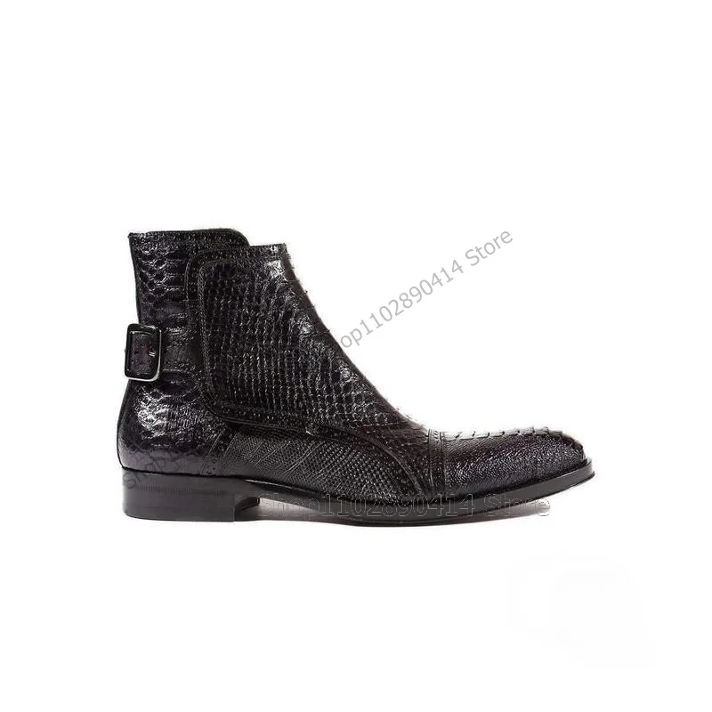 

Black Alligator Print Buckle Decor Ankle Boots Fashion Slip On Men Boots Luxurious Handmade Party Banquet Office Men Dress Shoes