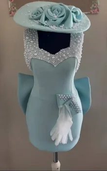 Vestido de cóctel hecho a medida con guantes, perlas, cuello en V, lazo grande, mini vestidos de fiesta de satén para mujer