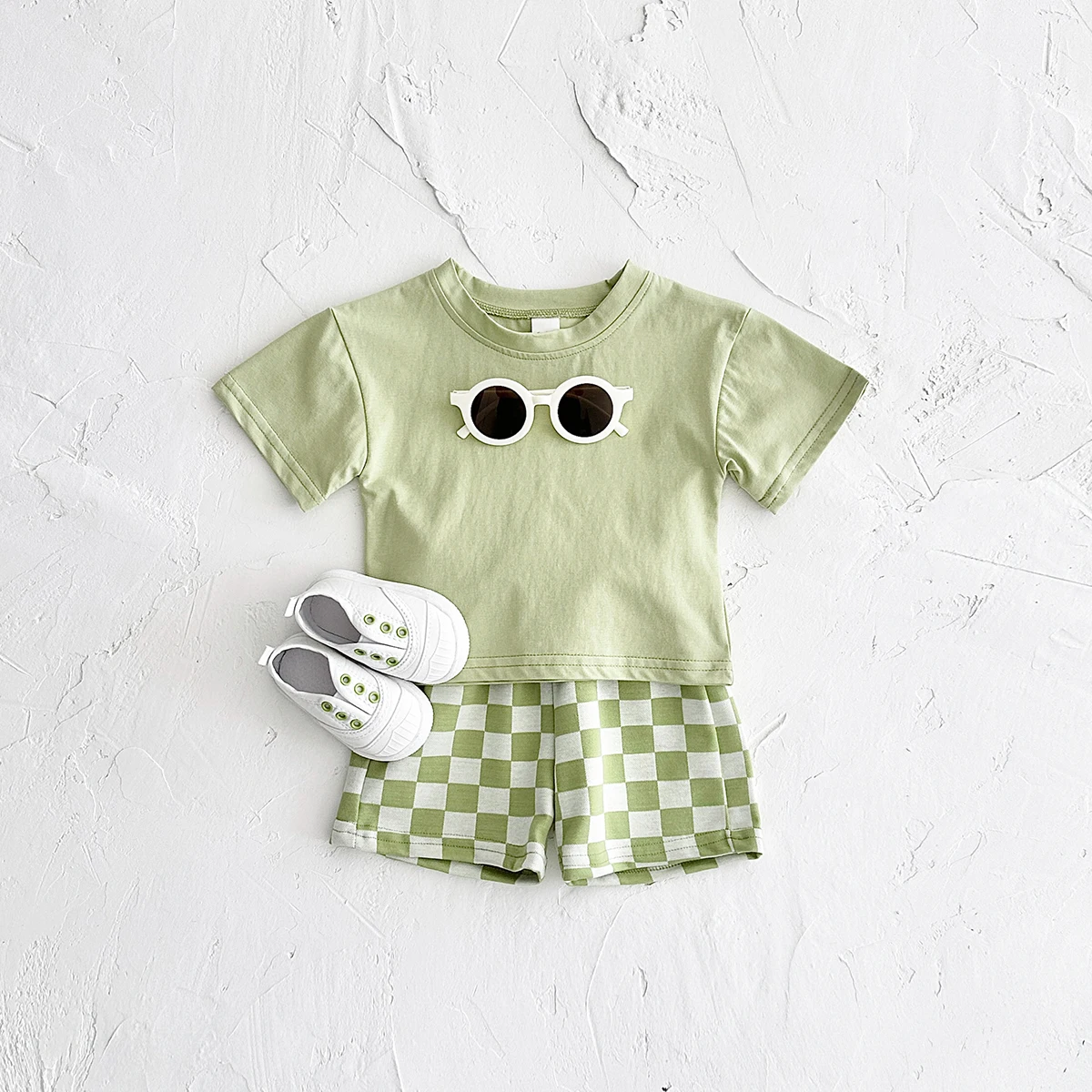 2PCS Summer Newborn Boys Girls Clothing Baby Set Solid Short Sleeved T-shirt+Checkerboard Shorts Cotton Casual 0-3Y