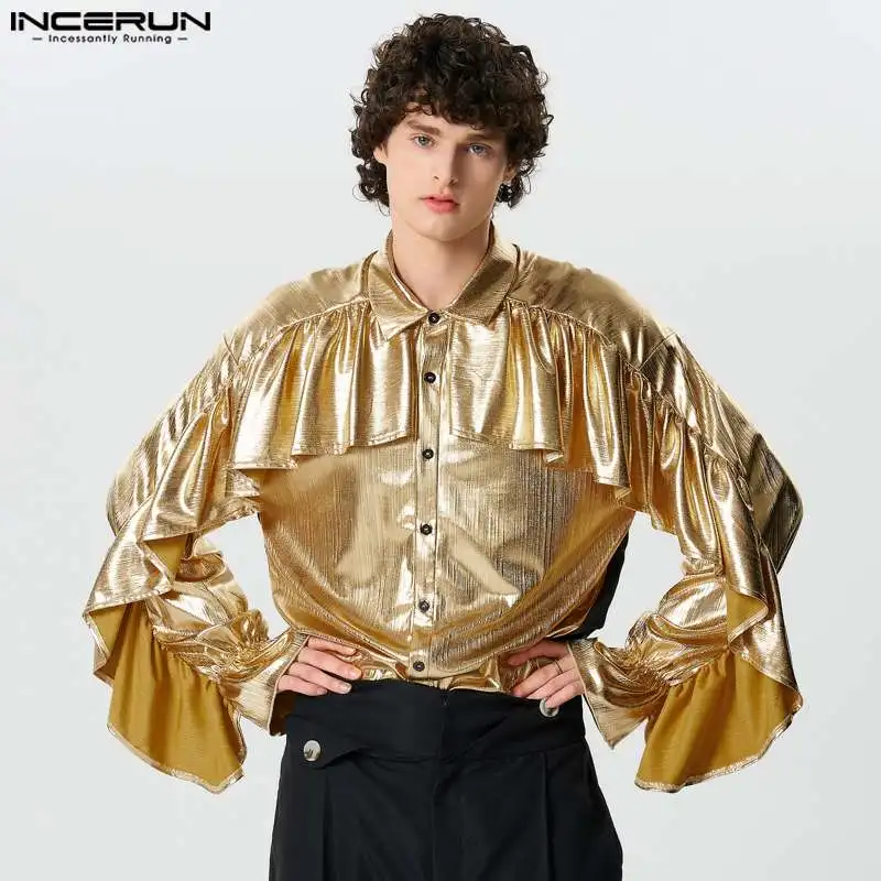 INCERUN 2024 Men Shirt Sparkling Patchwork Ruffle Lapel Long Sleeve Streetwear Men Clothing Party Fashion Casual Camisas S-5XL