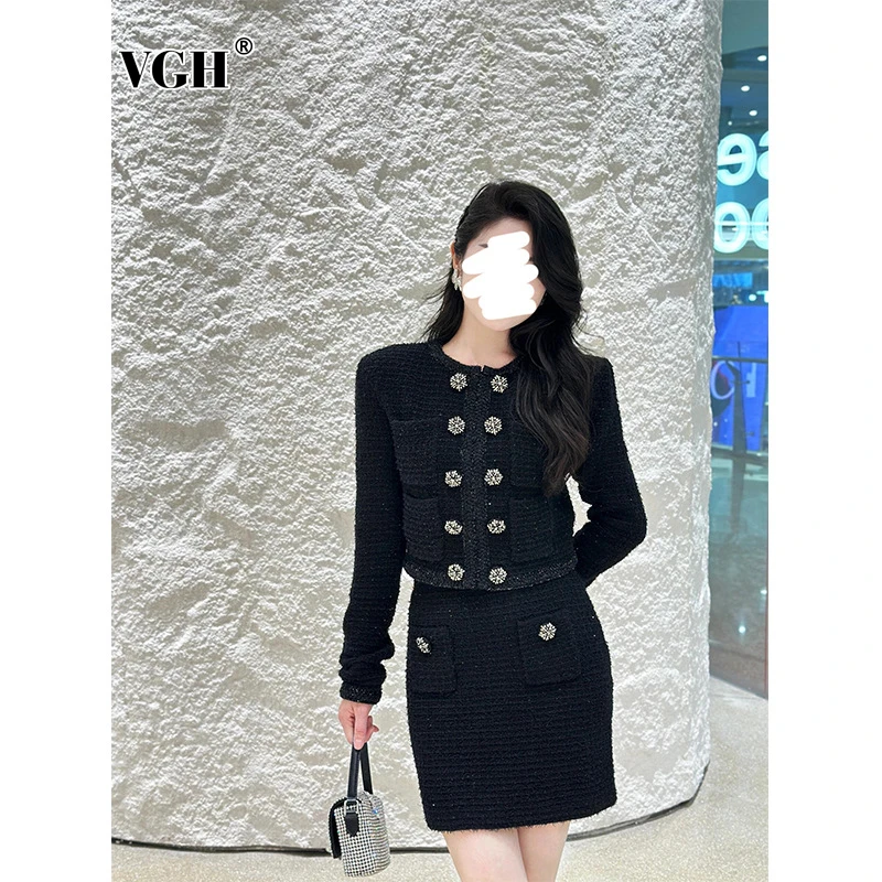 VGH Korean Two Piece Sets for Women Round Neck Long Sleeve Knitting Cardigan High Wiast Skirts Temperament Set Female Fashion