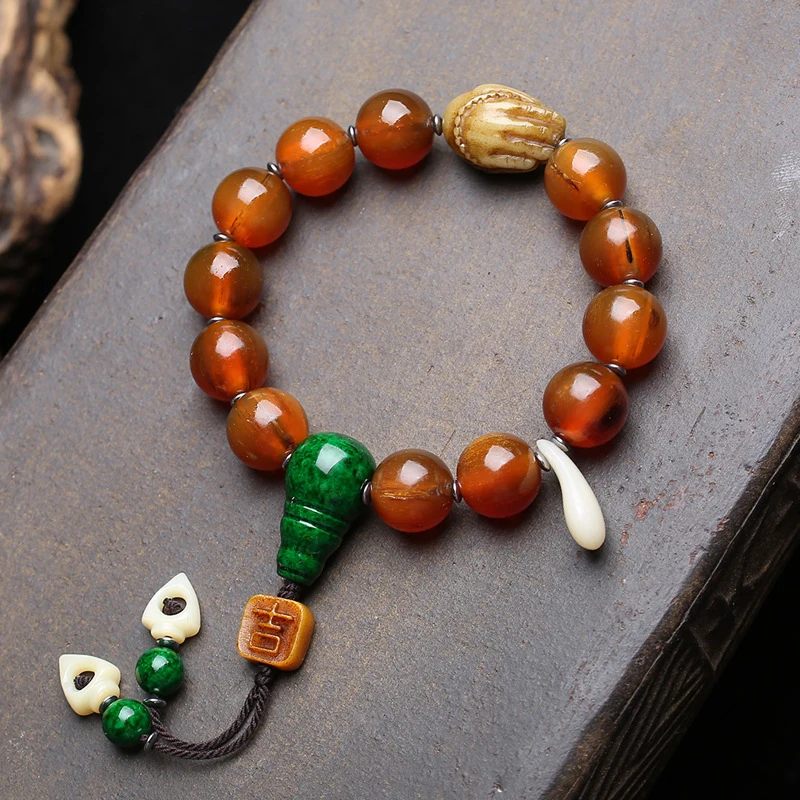 Full-Featured Horn Bead Bracelet, Single-Loop, With Bone Buddha Hand And Disciple Beads As Accessories