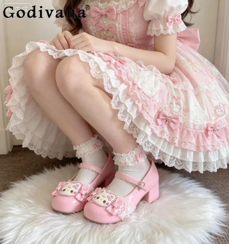 

Японские оригинальные туфли Лолита на низком каблуке, милые, с кружевом, круглым носком, на толстом каблуке, кожаные туфли Мэри Джейн для женщин