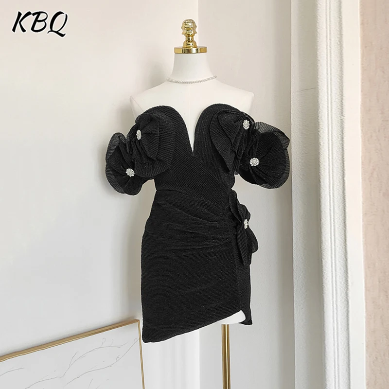 

KBQ Solid Spliced Appliques Slimming Dresses For Women Slash Neck Off The Shoulder Sleeve High Waist Mini Dress Female Clothes