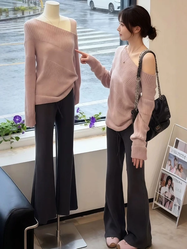 

Korean Sle Lazy Faion Long Sve Knitted Loose Women's Top oulder off T-irt Casual Streetwear Autumn 2026