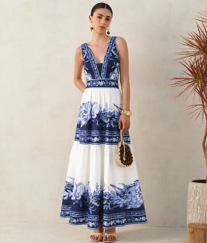 플랙스메이커 2025 여성 수영복 세트 여성 여름 섹시 V넥 블루 앤 화이트 도자기 프린트 원피스 수영복 및 스커트