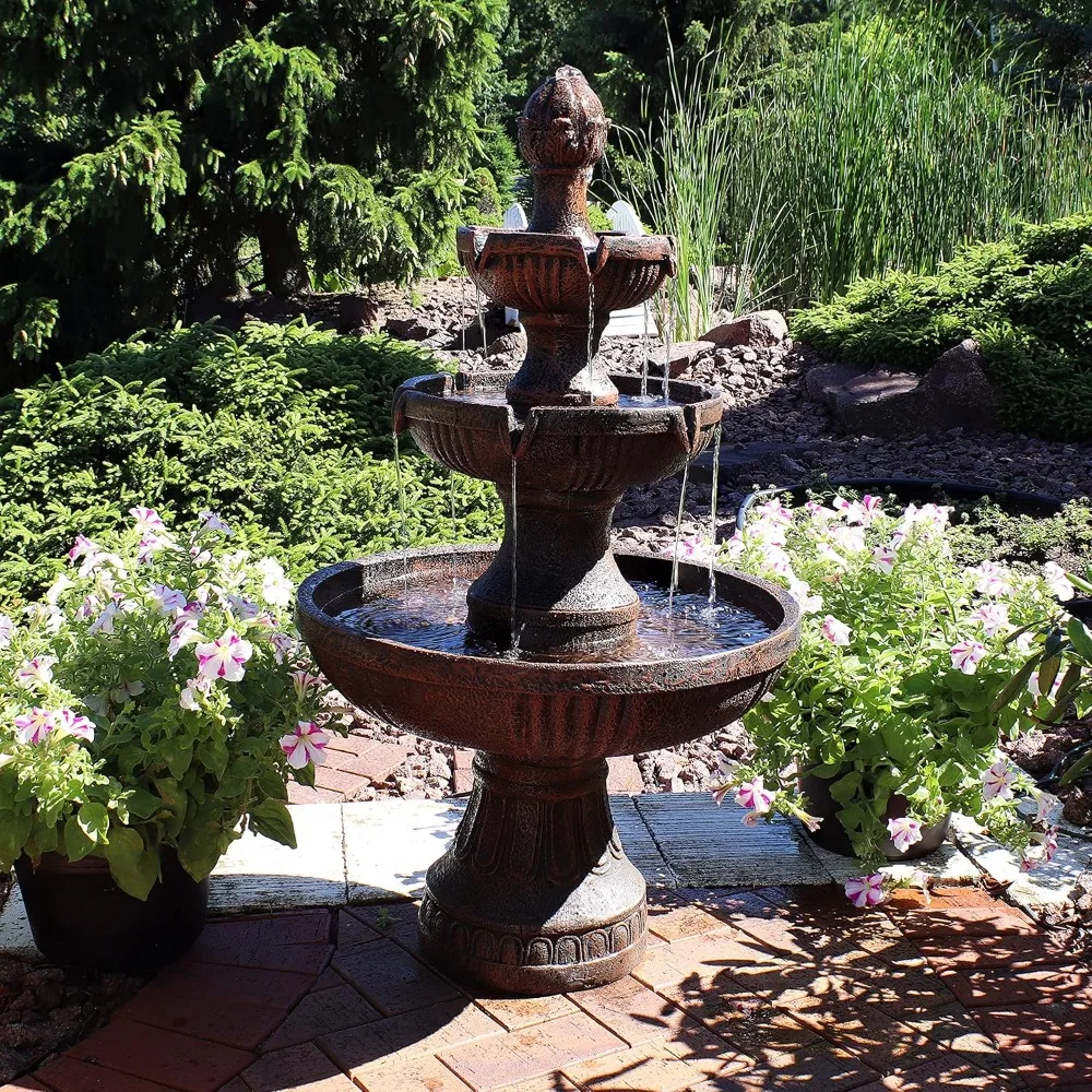 43 inch electric fountain - outdoor water feature - three layers - earth veneer, beautiful and practical fountain