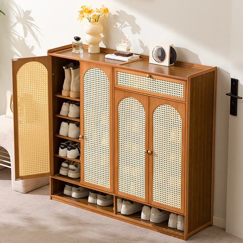 

Faux Rattan Nanmu Shoe Cabinet, Home Entrance Multi-Layer Shoe Rack, 2025 New Large Capacity Storage Cabinet Rounded