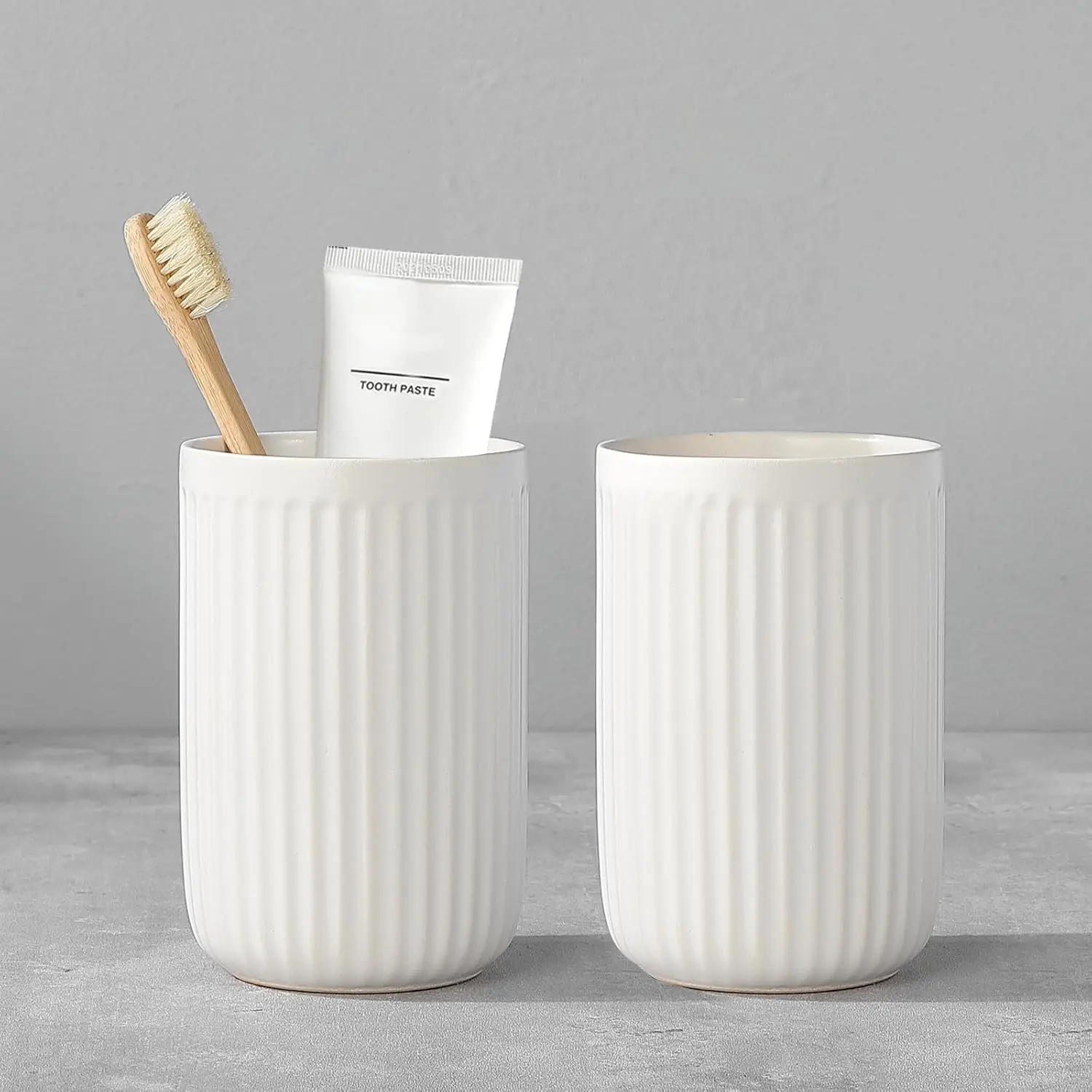 

White Ceramic Toothbrush Holders Set for Bathroom - 2 Cups, Reusable Organizer for Counter