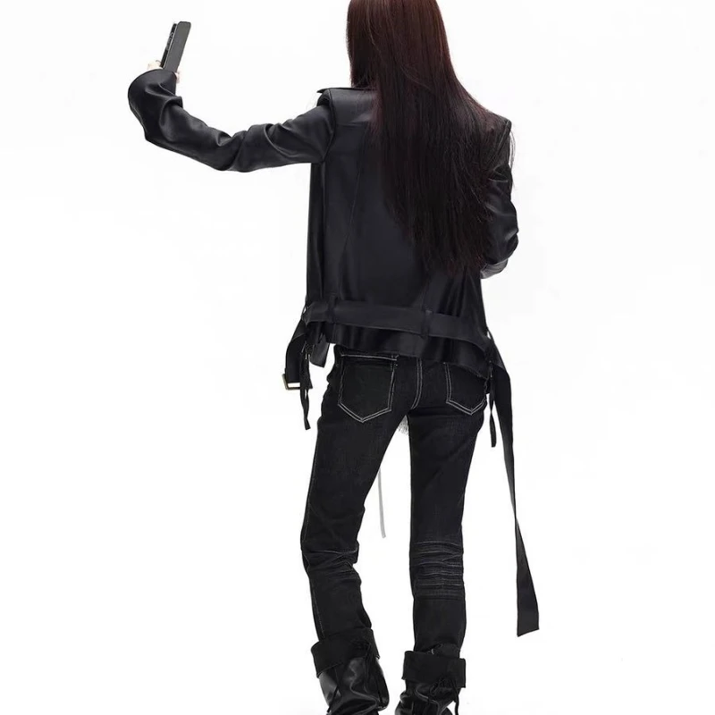 American Vintage Leather Jacket Long Sleeve Double Zipper Patchwork Women Streetwear Y2k Retro Bodycon Coat Aesthetic 2026