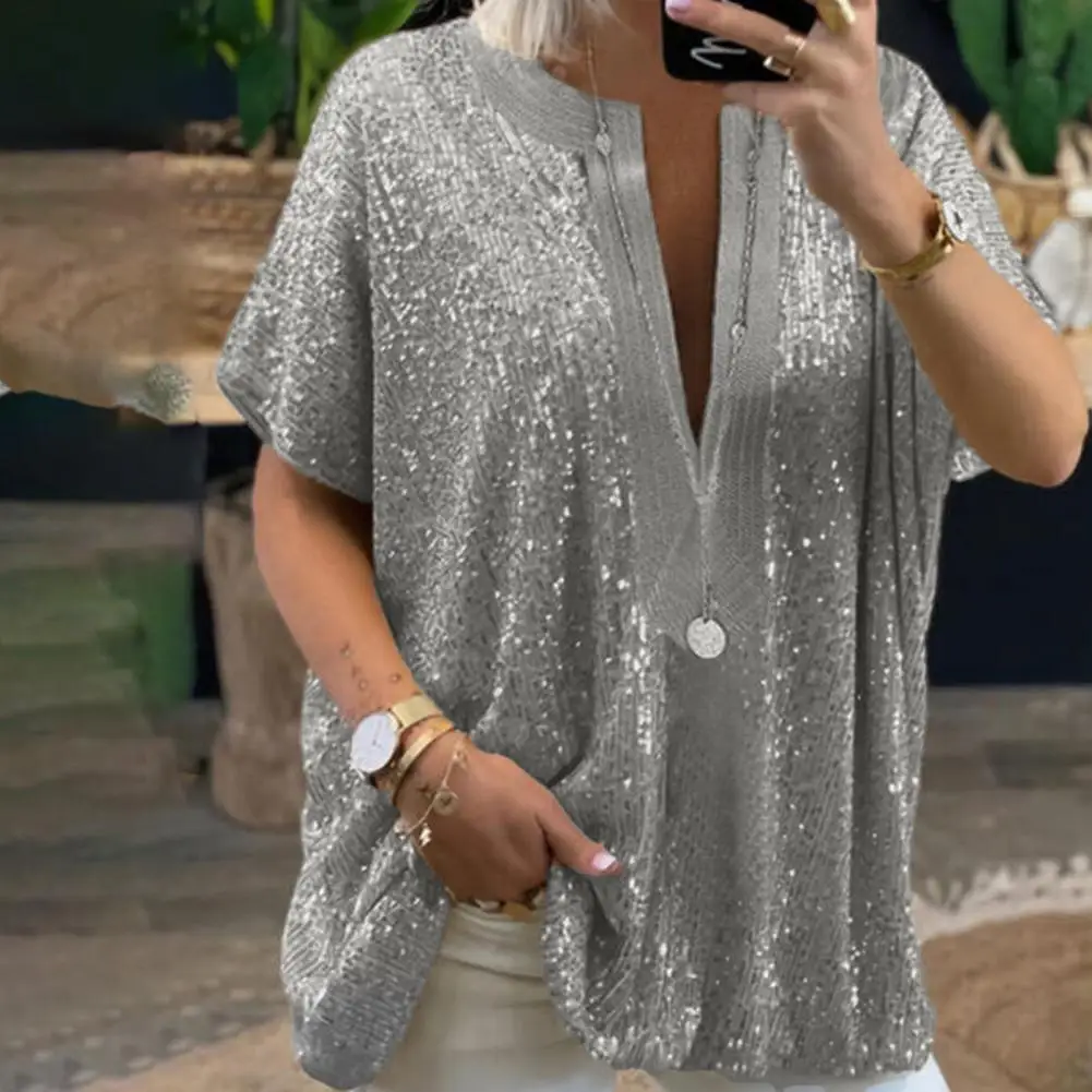 

Women T-shirt Sequins Loose Female Short Sleeve Oversize Women's blouse Short Sleeve Sequin Top Shiny T-shirt