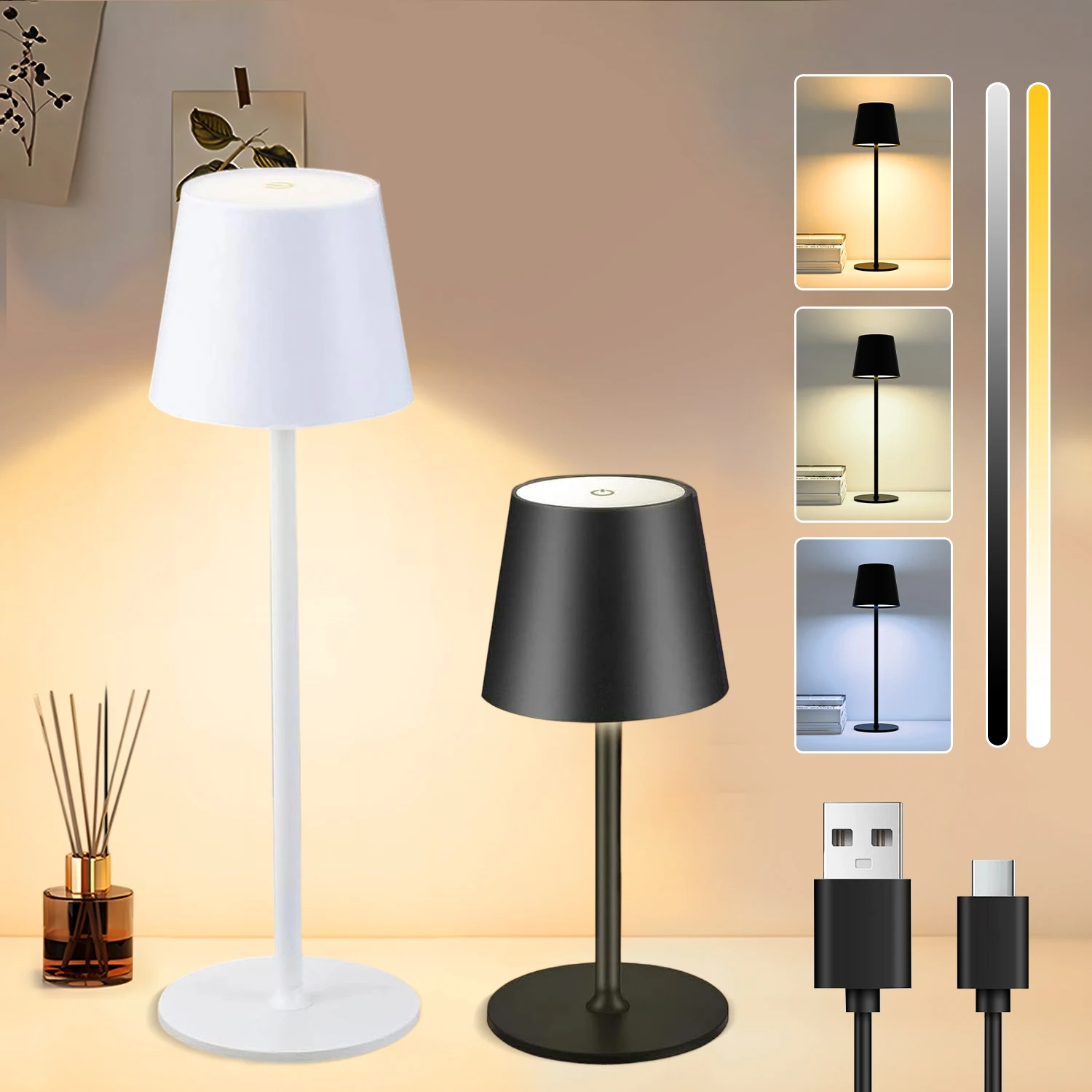 

LED Table Lamp 3 Colors Dimmable Night Light Rechargeable Simple and Atmospheric Ambient Night Lamp for Restaurant Bedroom Bar