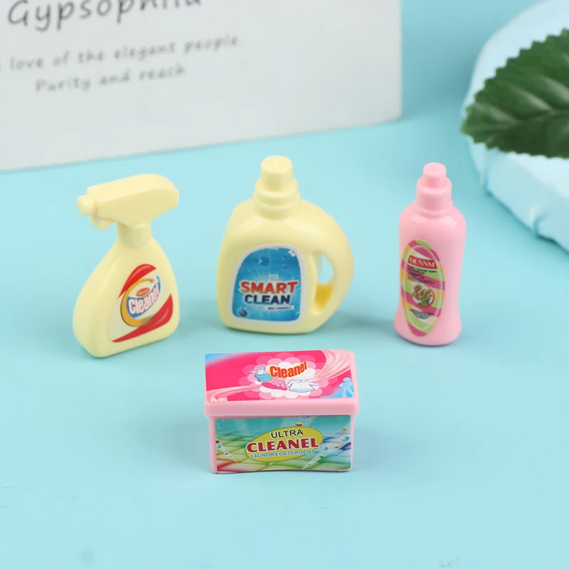 4Pcs/Set 1:12 Dollhouse Miniature Cleaning Set Laundry Detergent Soap Household Washing Kit Pretend Play Doll House Accessories