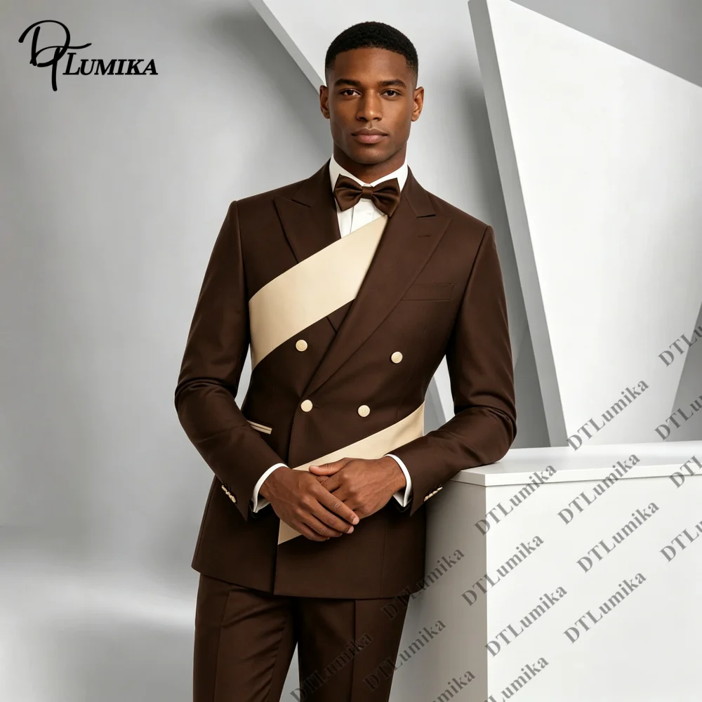 Men Contrast Color Block 2‑Piece Suit Bespoke Double‑Breasted Blazer Trousers Modern Gentleman Outfit for Wedding Guest Cocktail