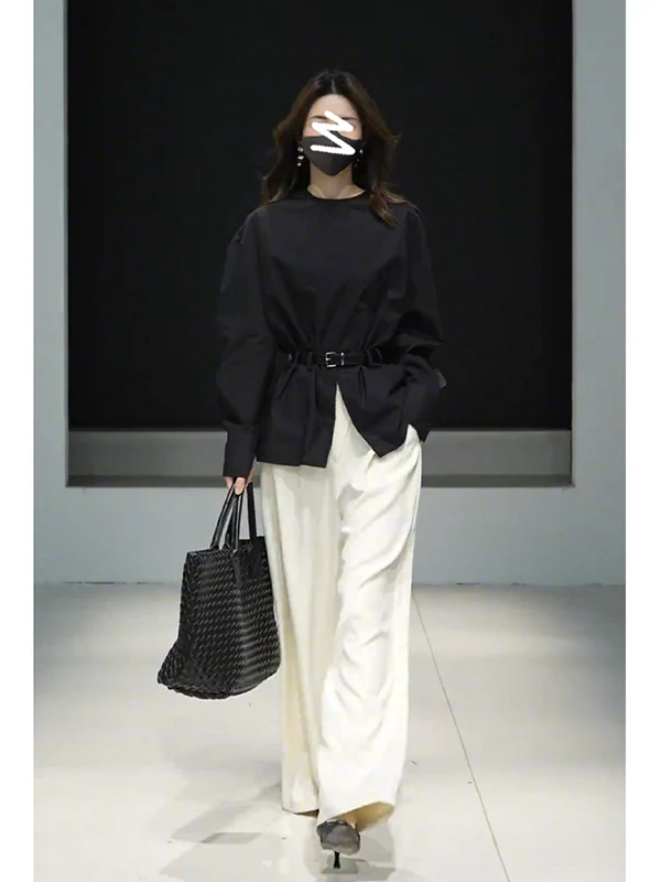 

Black High Waist Slit Shirt And Wide Leg Pants Two Piece Set Women's Autumn Fashion Casual High Waist Long Sleeve round Neck