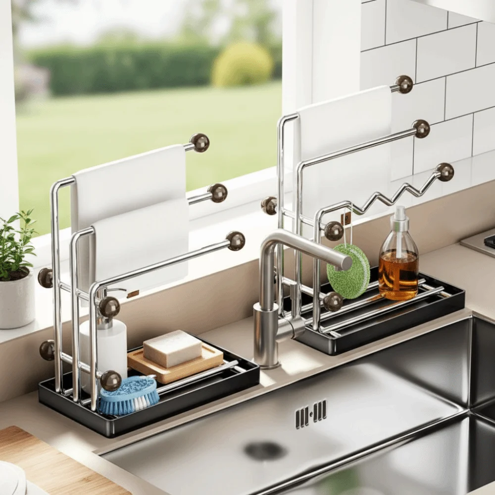 Stainless Steel Kitchen Rag Drying Rack Anti-rust Multi-functional Towel Holder with Drainage Tray Sponge Dishcloth Towel Holder