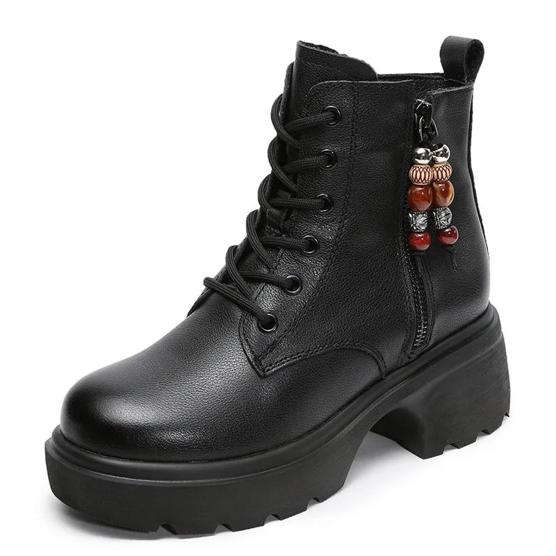 DRKANOL Women Thick High Heel Ankle Boots Autumn Winter Warm Shoes Chunky Platform Round Toe Zipper Tassel Retro Boots Female