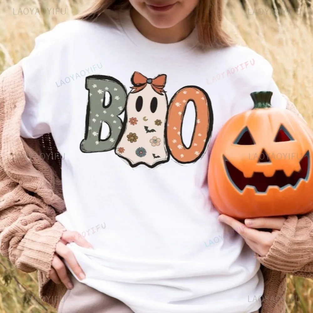 Cute Boo Halloween Spooky Skeleton Ghost TShirt Casual Fashion Loose Short Sleeve Cotton Women Streetwear Y2K Man T-shirt