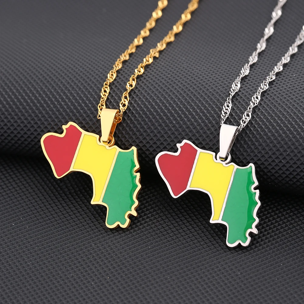 SONYA Enamel Drop Oil Guinea Map Flag Pendant Necklace For Women Girls Stainless Steel Jewelry Ethnic Birthday Party Gifts