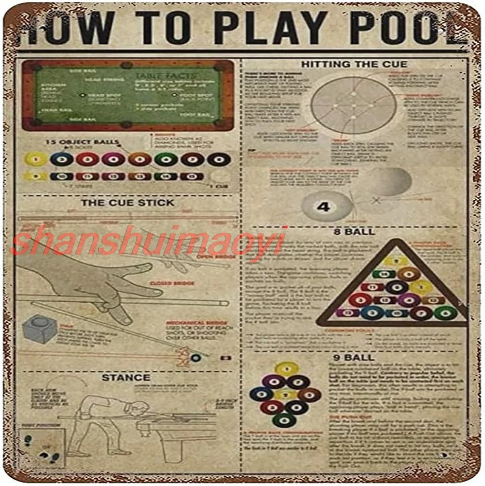 How to Play POOL Metal Sign Retro Billiards Knowledge Tin Sheet Billiards Club Home Bar Room Office Billiard Hall Wall Decor Pla