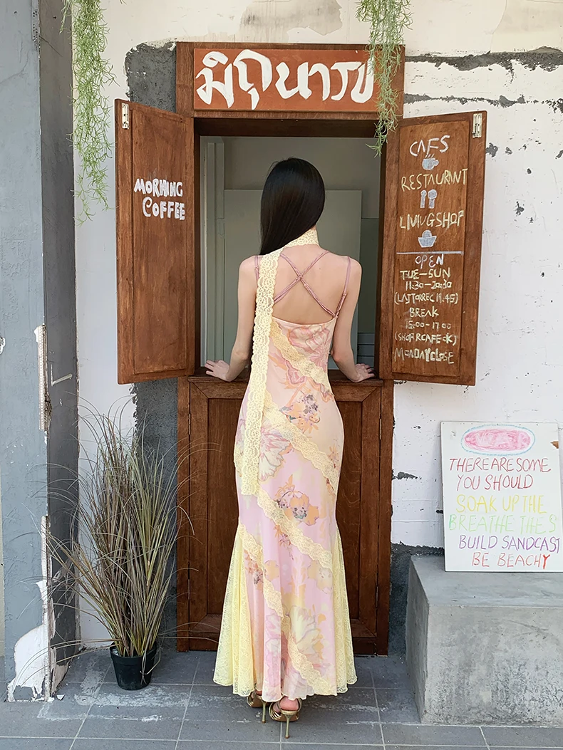 Cheerart romântico floral renda vestidos longos 2025 mulher verão sem costas túnicas bodycon senhoras deslizamento sereia vestido elegante