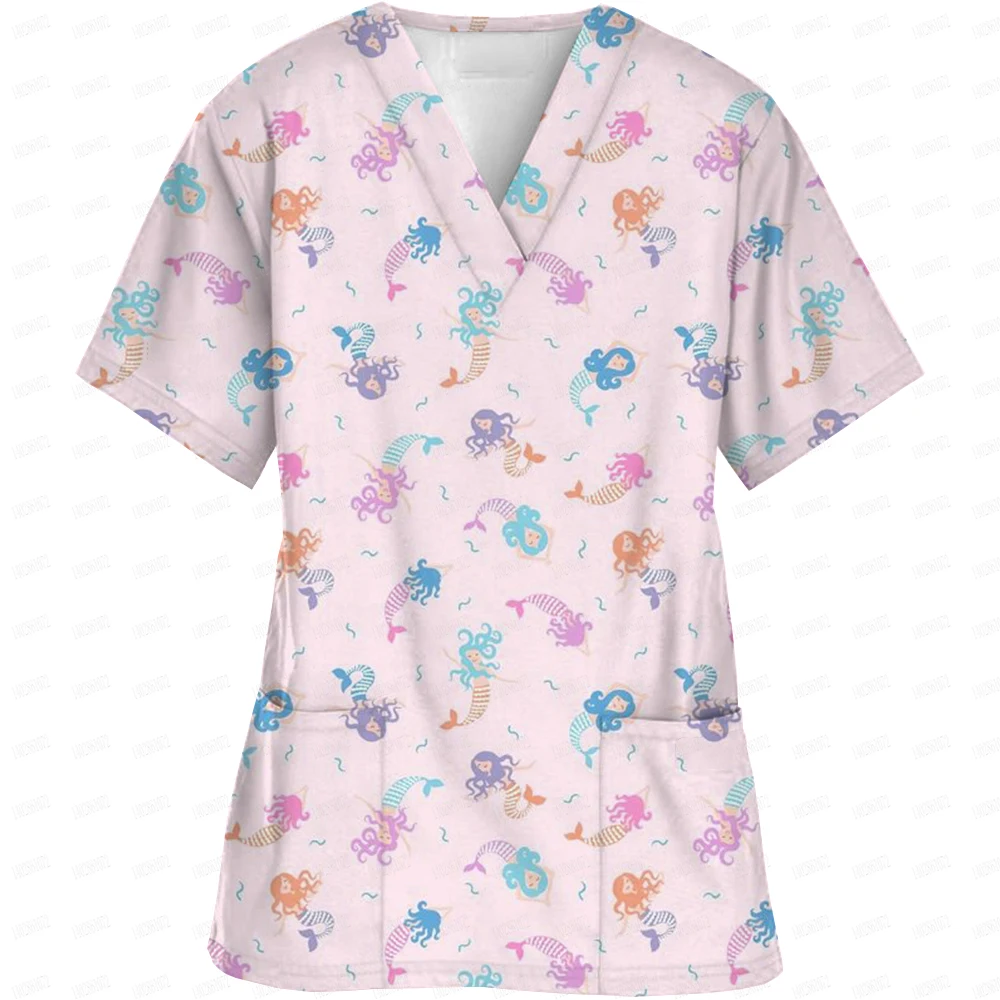 Women Working Uniform Disney Princess Print Frozen Elsa Short Sleeve V-neck Tops Femme Blouse Nurse work wear Medical Uniforms