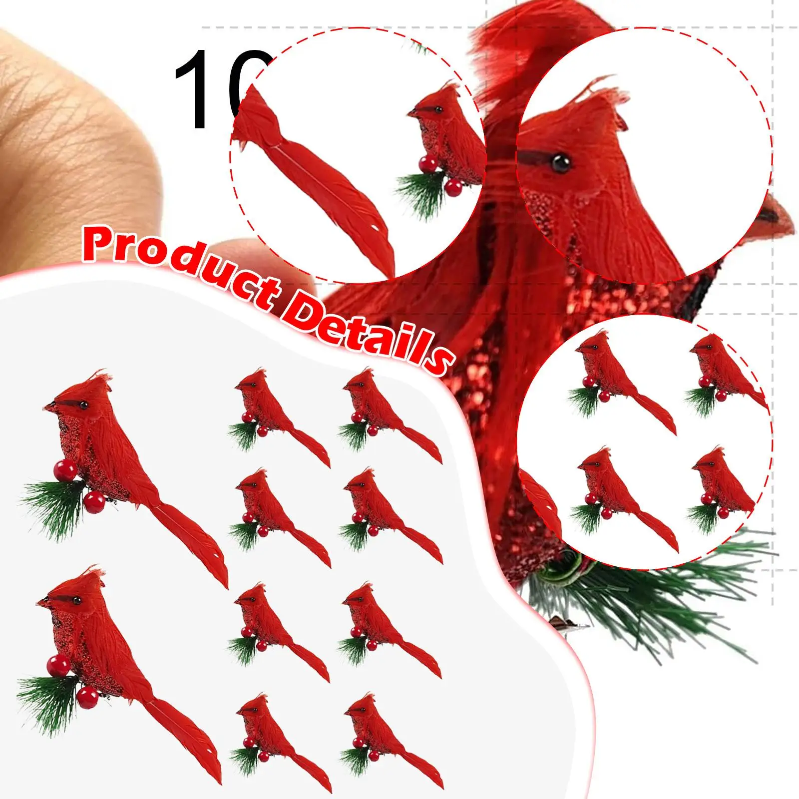 10Pcs Artificial Christmas Red Cardinal Birds for Landscape Outdoor Patio