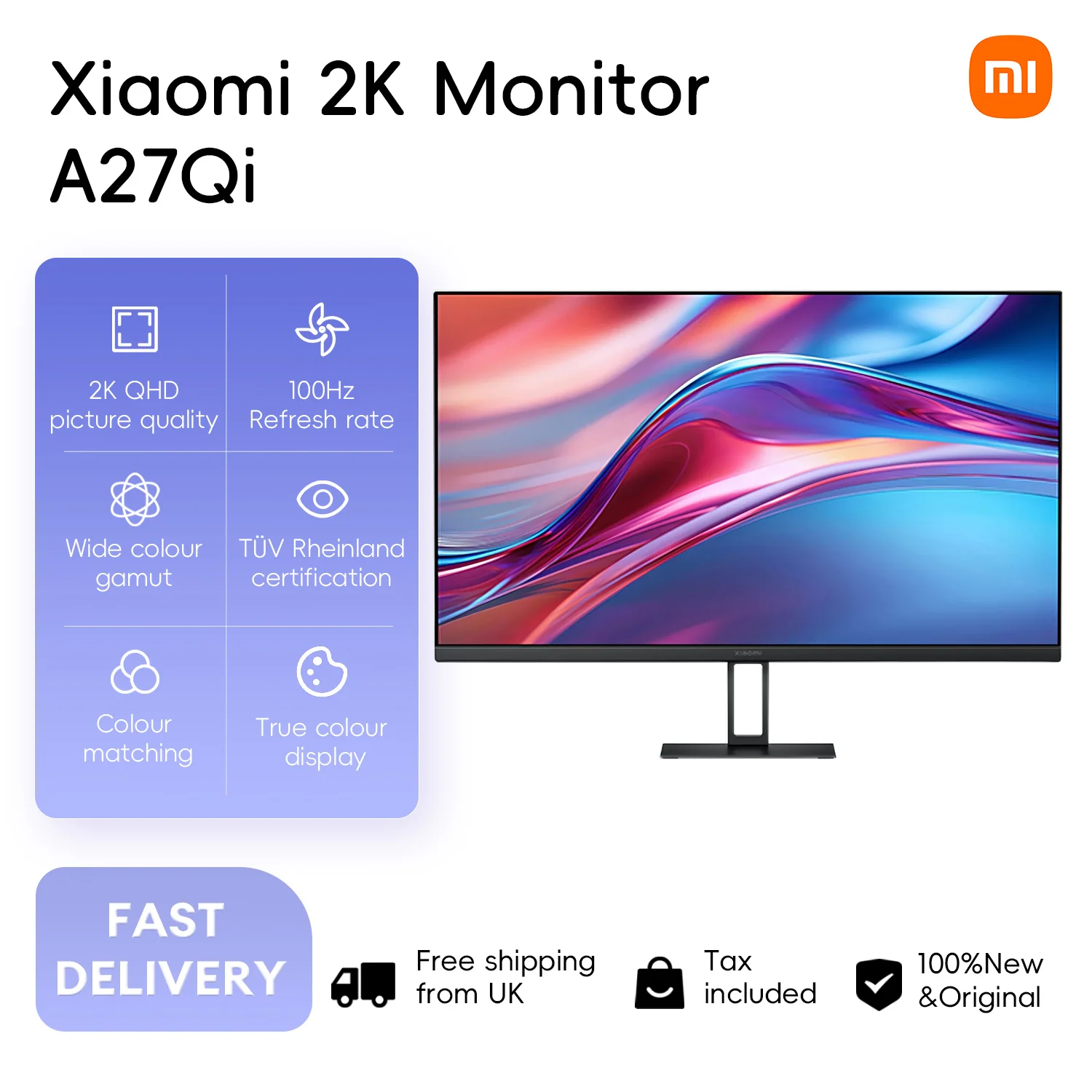 Xiaomi 2K Monitor A27Qi Mijia 27" IPS 2K 100Hz Quality 2560x1440 Resolution DC Dimming Three Micro-Edge Design Adjustable Stand