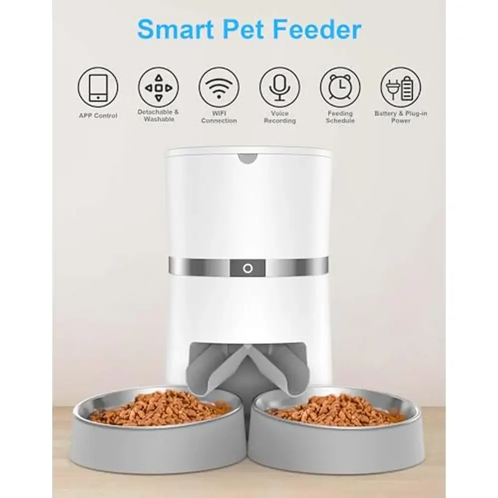 Automatic Pet Feeder Food Dispenser 6 Meals Schedule Remote Controlled Voice Reminder Dual Bowls White Color