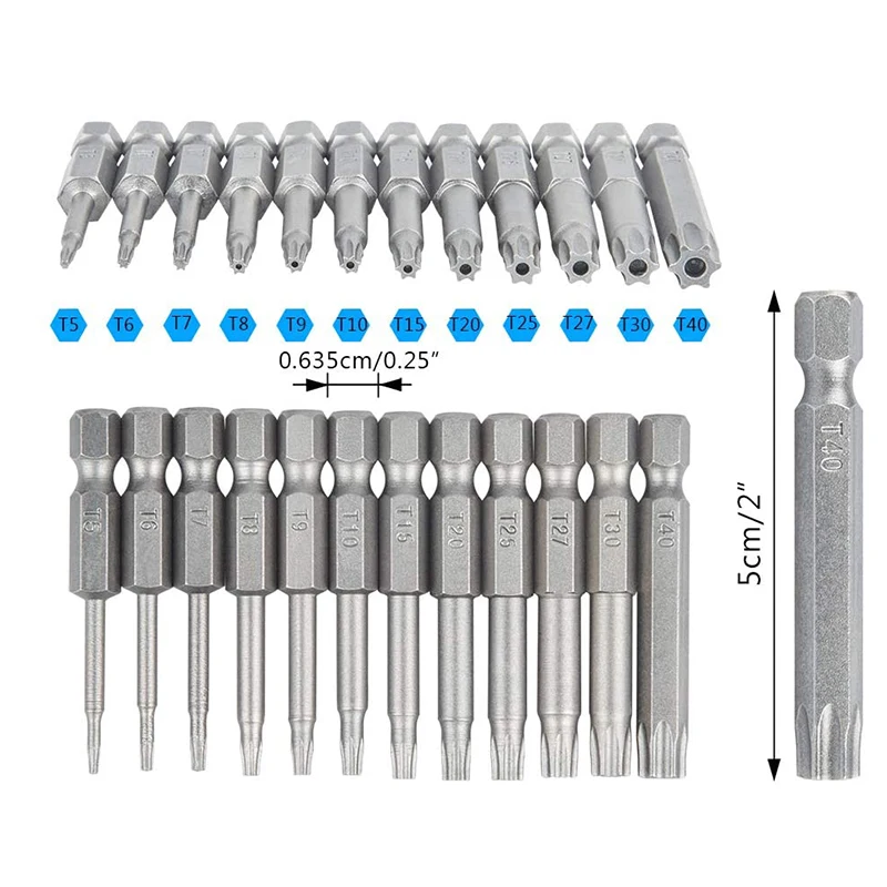 12 Sets, Screwdriver Tip Set with Torx Head, 1/4 inch Hex Bar, T5-T40 Star Screwdriver Kit, Including 1 Handle