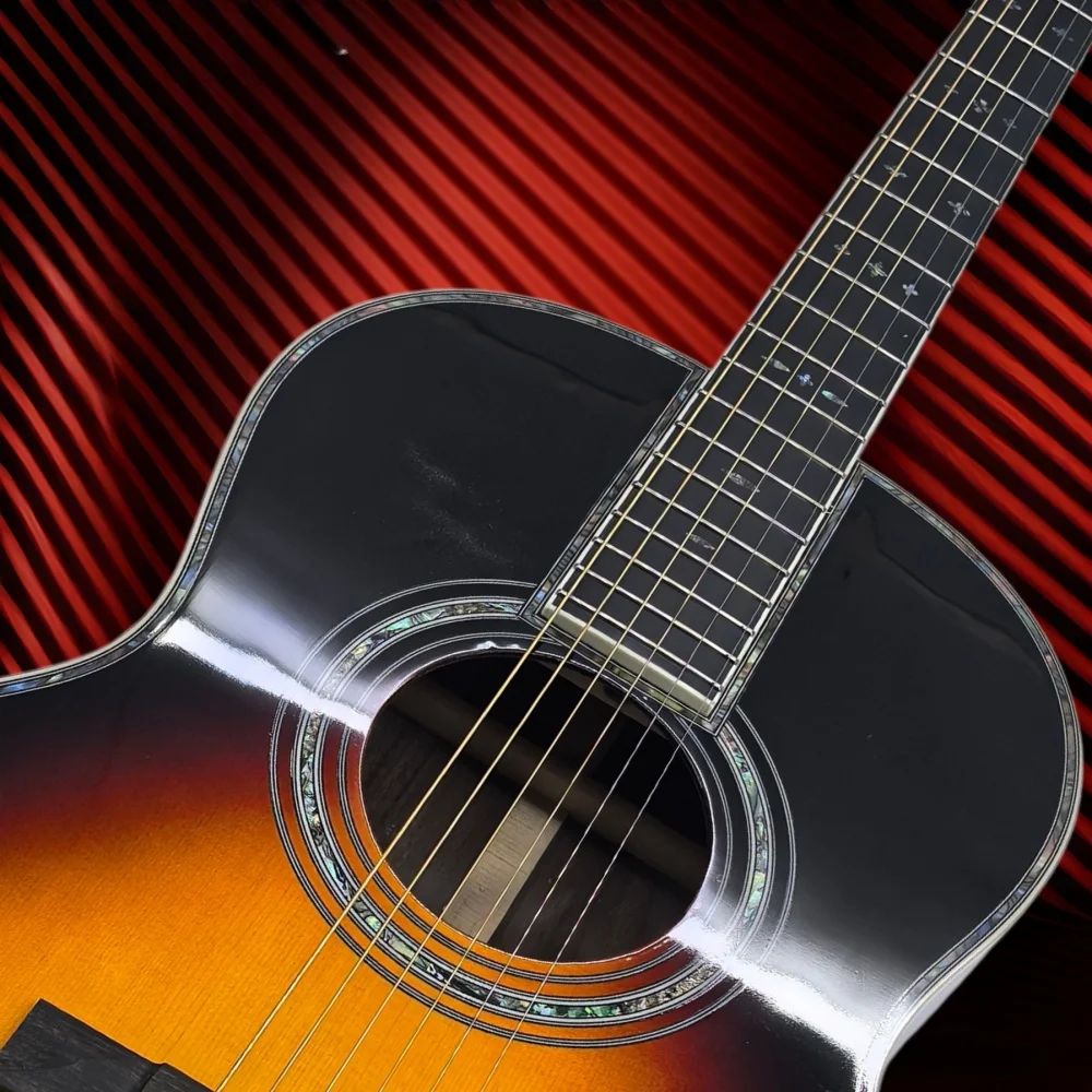 00042VS OM Round‑Body Sunset Gradient Deluxe Acoustic Guitar Gloss Spruce Top Abalone Binding Fingerstyle Collectible Guitar