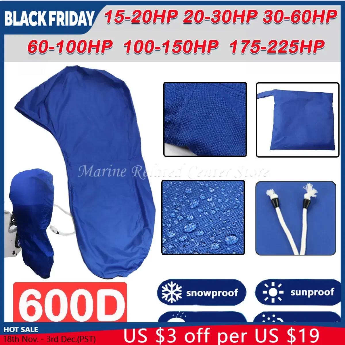 600D Blue 6-225HP Motor Boat Full Outboard Engine Cover Waterproof Sunshade Dust-proof Protection For 6-225HP Motor