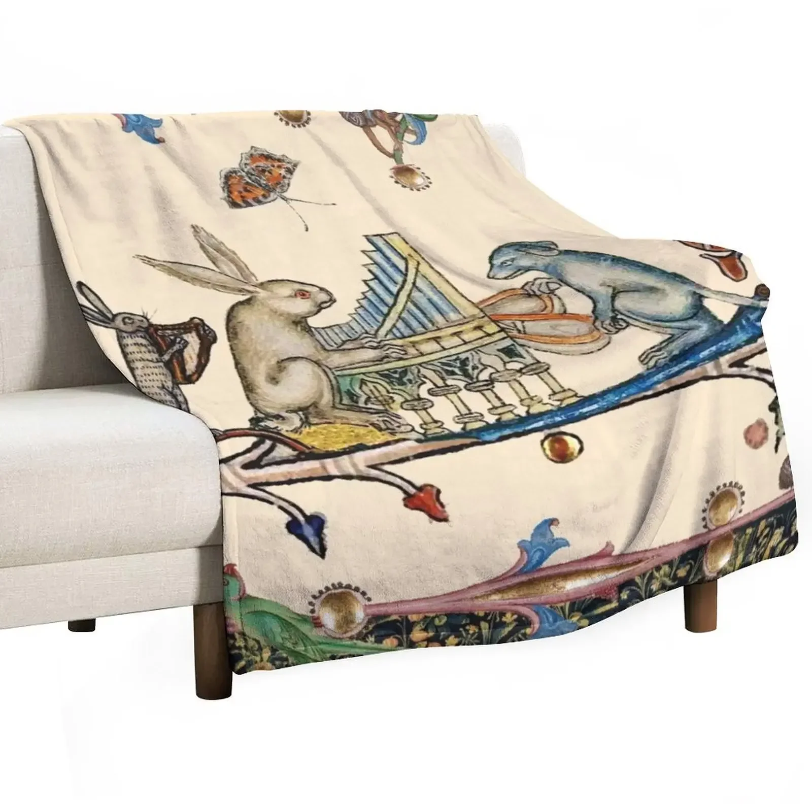 WEIRD MEDIEVAL BESTIARY MAKING MUSIC,White Rabbit And Dog Playing Organ,Harpist Hare,Snail Cat Throw Blanket Vintage Blankets