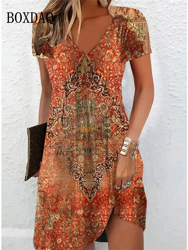 Vintage Women Midi Dresses For 2024 Ethnic Style Floral Print Loose Dress Plus Size Casual Short Sleeve Pullover V-Neck Dress