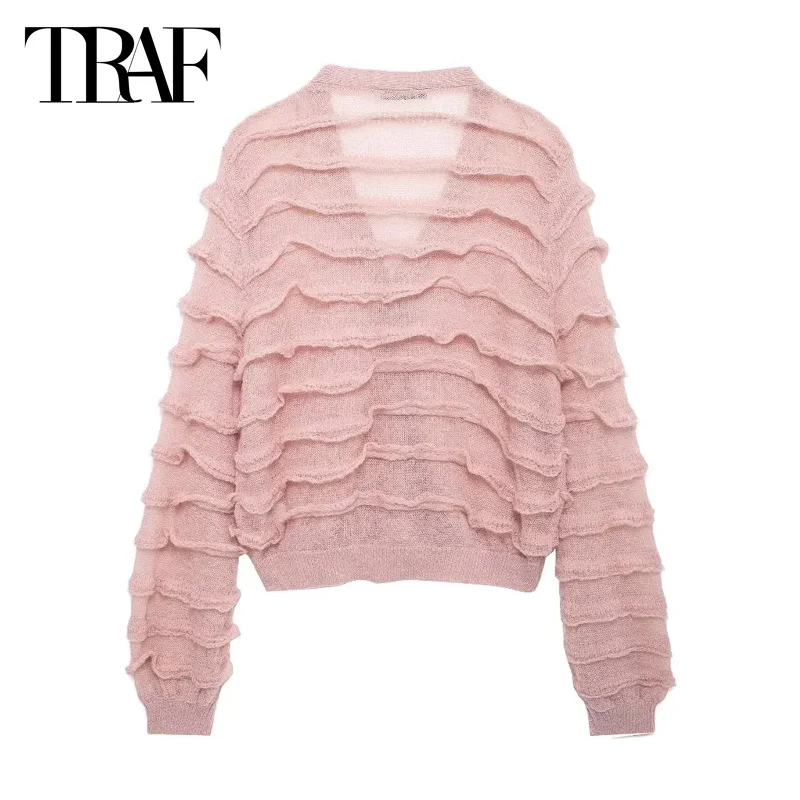 TRAF Pink Knitted Cardigans 2024 Women's Autumn Ruffled Transparent Cropped Sweater Outerwear Elegant Casual Short Knitwear