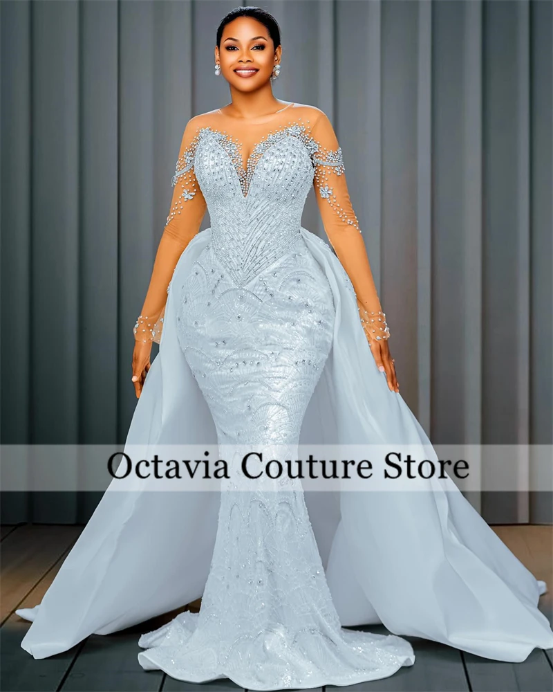 Ivory O N Wedding Dresses 2024 Bead Crystal Rhinestone Bridal Gown Formal Gown With Full Sleeve And Detachable Tail Customized