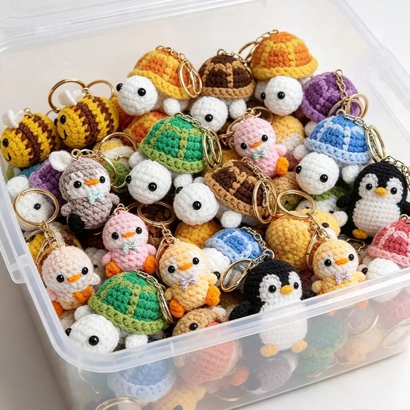 Cartoon Crochet Small Animal Keychains Cute Whale Turtle Penguin Handmade Weaved Knitting Keyrings Backpack Ornaments for Girls