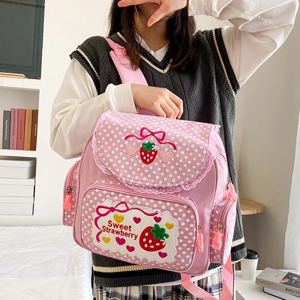 حقيبة مدرسية للأطفال من Pink Girl مطرزة بشكل لطيف على شكل فراولة متعددة الجيوب من النايلون للكلية العصرية للفتيات المراهقات