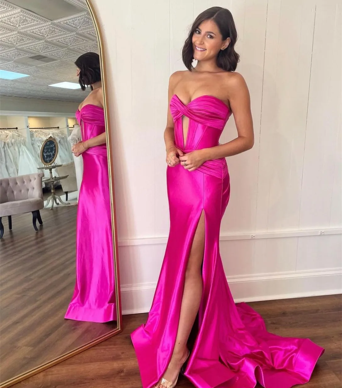 Elegant Long Fuchsia Satin Prom Dresses with Slit Mermaid Sweetheart Pleated Wedding Guest Dress Formal Evening Dress for Women