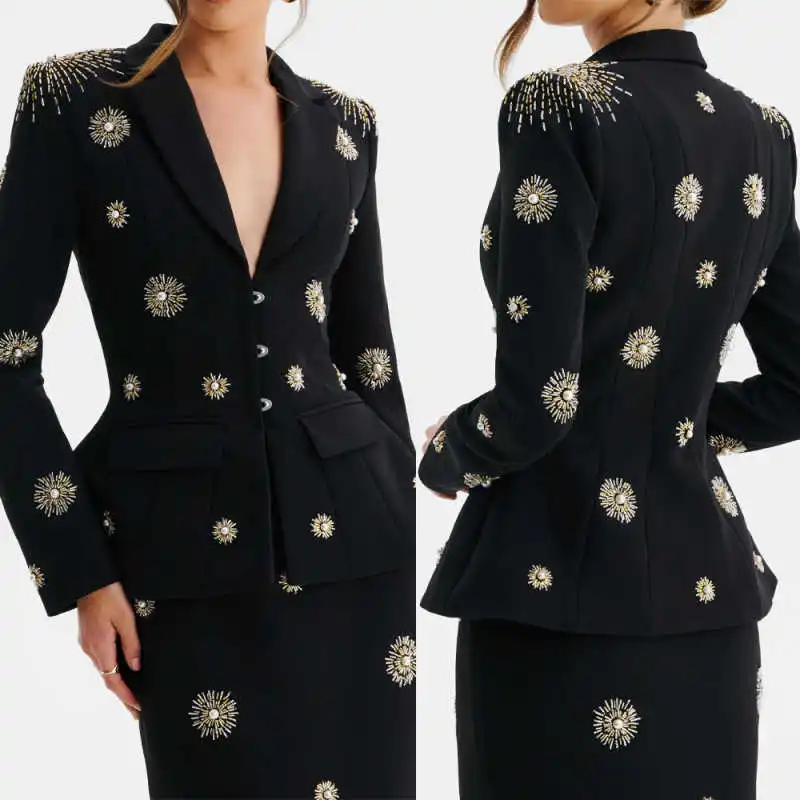 

Fashion Women Suit 2 Piece Blazer Skirt Single Breasted Beading Slim Long Dress Spring and Autumn Street Office Wear Customized