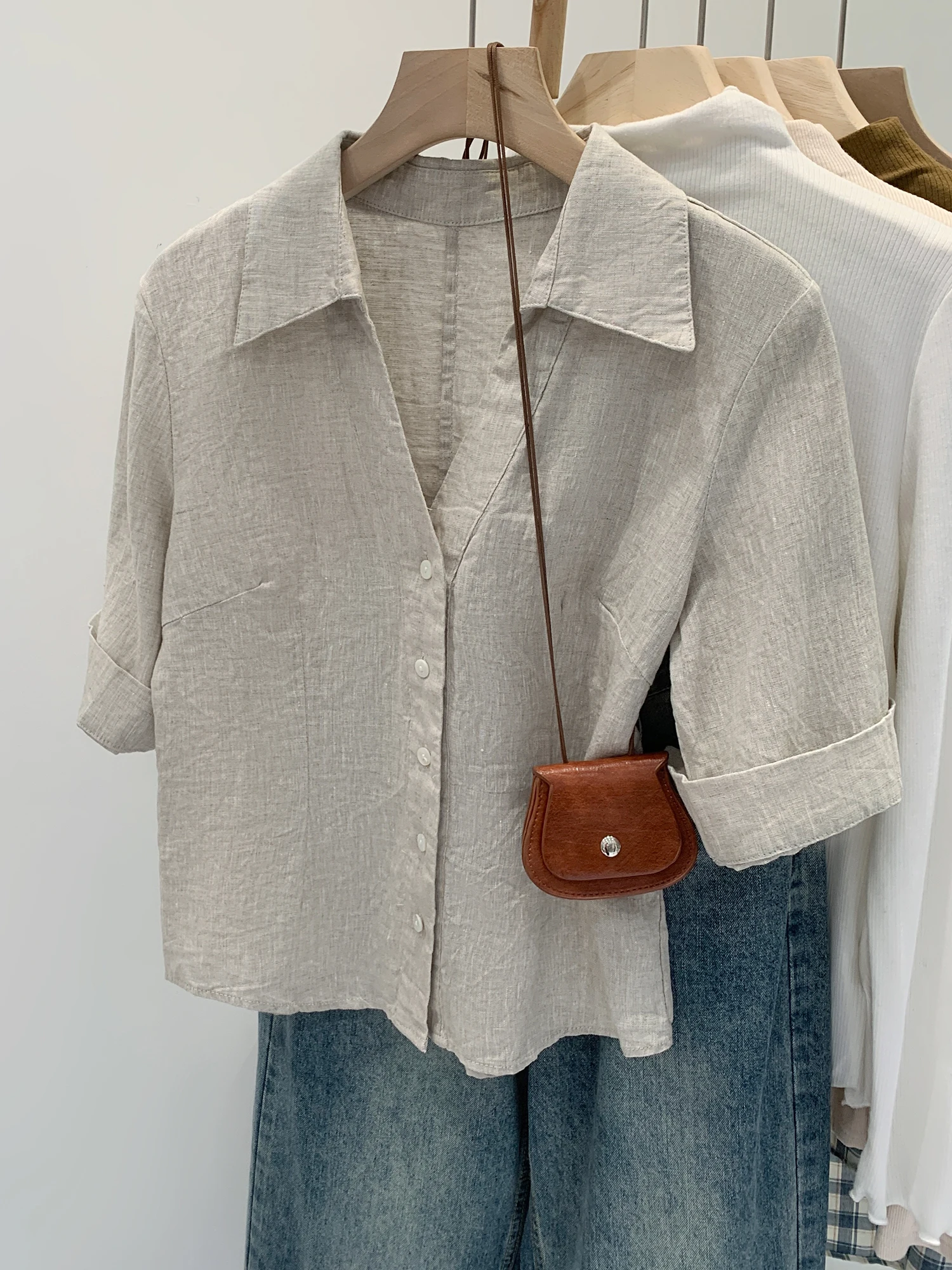 

Women's Slim Fit Linen Shirt mid Sleeve Commute Style Fashionable Summer New Arrival High Sensation Small Top