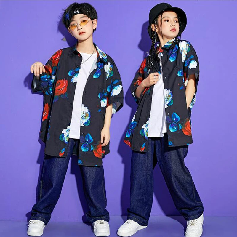 Kids Ballroom Hip Hop Show Clothing Print Shirt Tops Streetwear Baggy Denim Pants For Girl Boy Jazz Dance Wear Costume Clothes