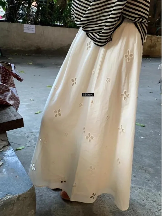 Embroidered Hollow out Beige  Midi Skirt Women's Summer Slimming A-Line Skirt Fairy Tale Small Size Perfect Fit
