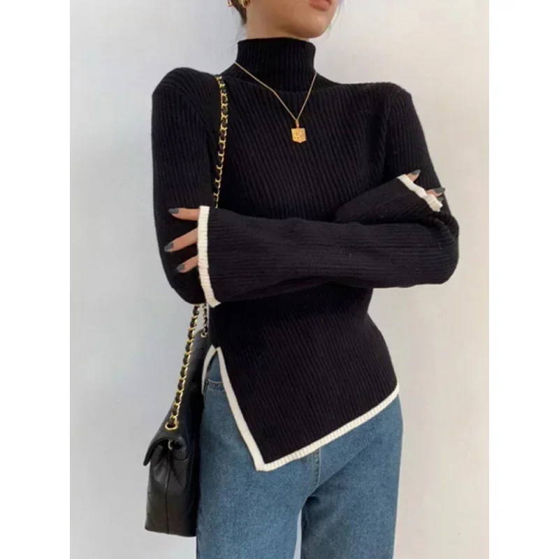 Women's Turtleneck Sweater and Pullover Winter 2023 New Side Slit Knitted Sweaters Female Long Flare Sleeve Knitwears