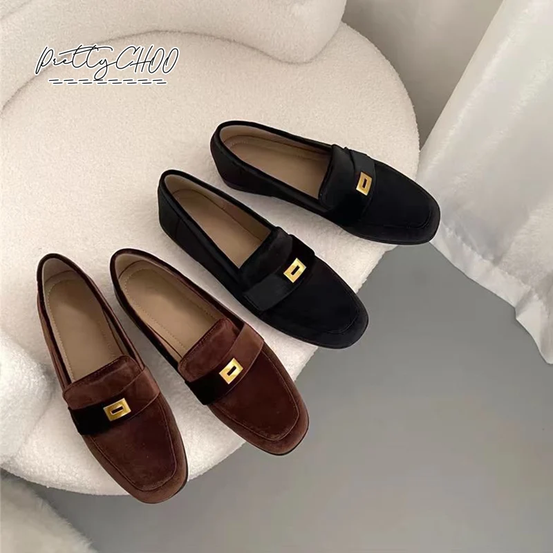 

Elegant Square Buckle Velvet Loafers Woman Brand Design Flat Velour Moccasins Ladies Vintage Slip-on Walking Shoes